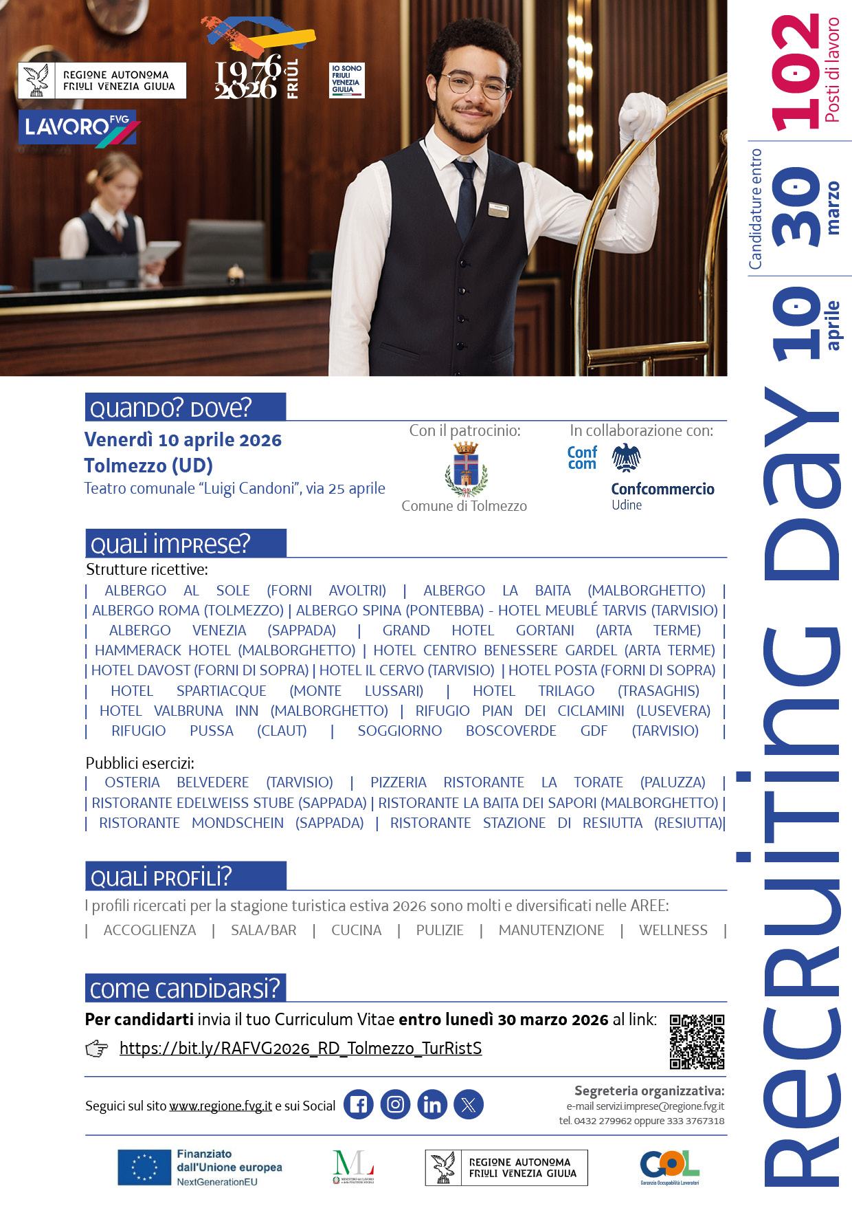 RECRUITING DAY A TOLMEZZO NEL SETTORE TURISTICO ALBERGHIERO: 102 posti di lavoro per la stagione estiva 2026