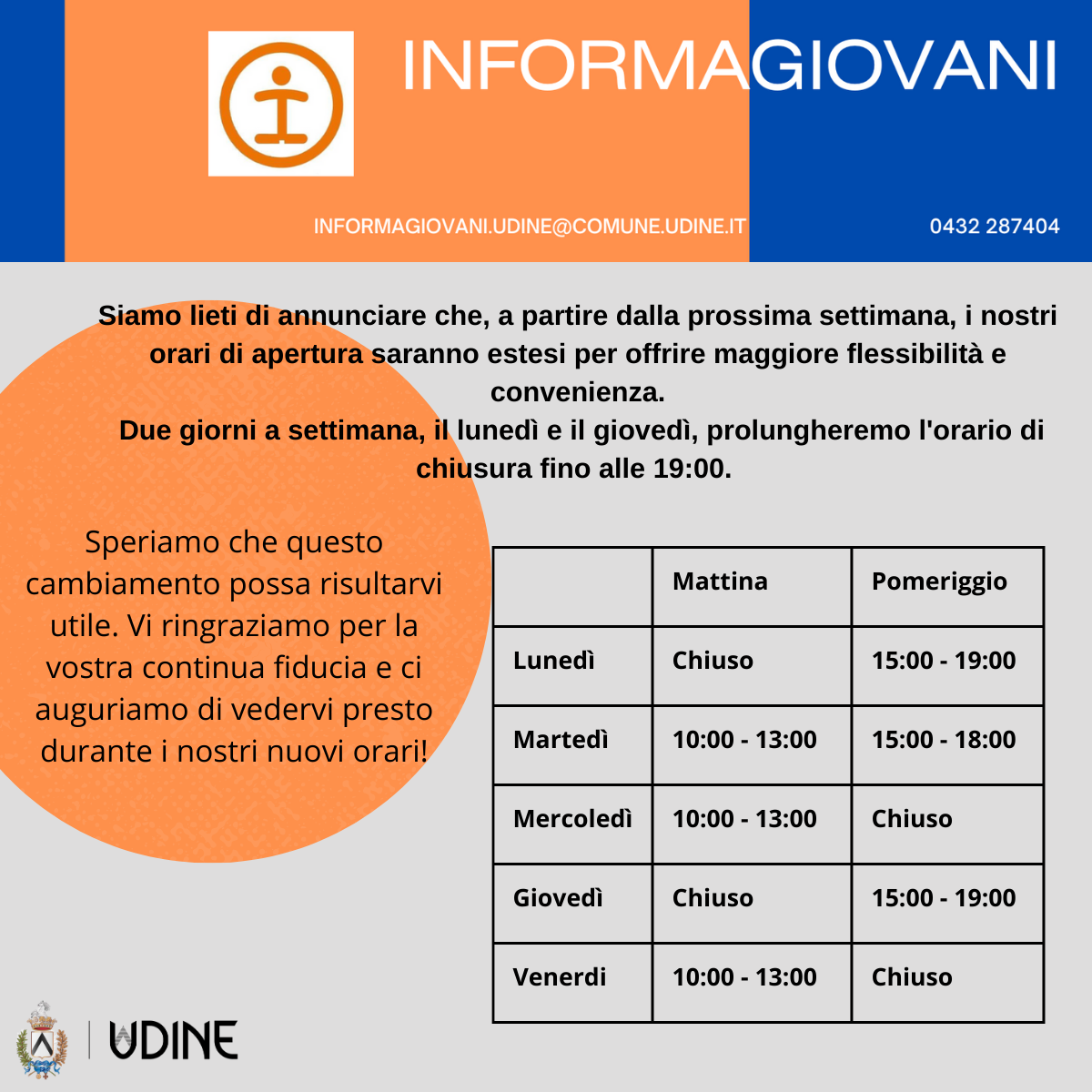 modifica orari Informagiovani di Udine 2026 