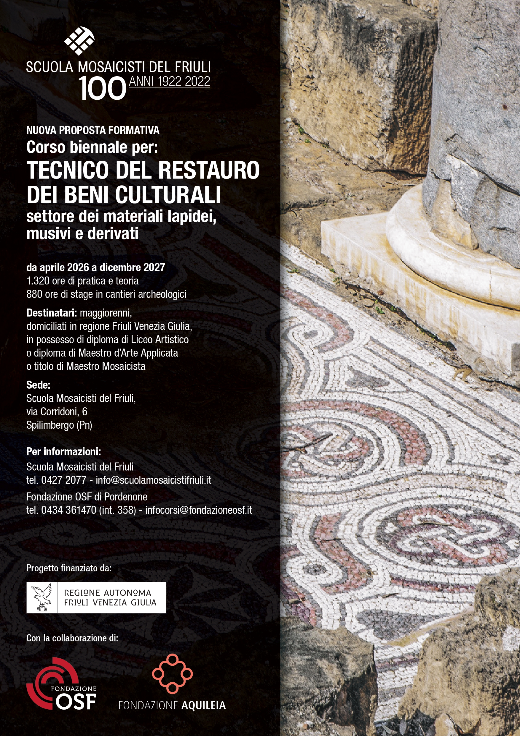  Corso biennale per Tecnico del restauro dei beni culturali – Settore dei materiali lapidei, musivi e derivati, in partenza ad aprile 2026